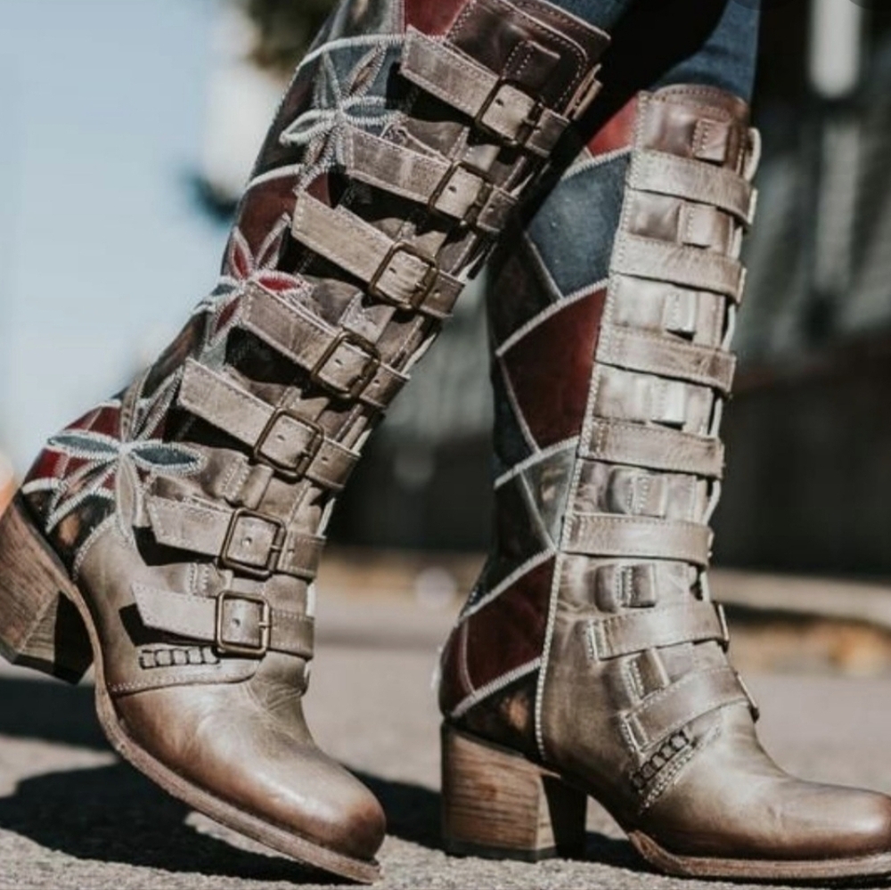 RARE ✨ NWB- Freebird by Steven CASSIDY Stone Multi Patchwork Tall Boots